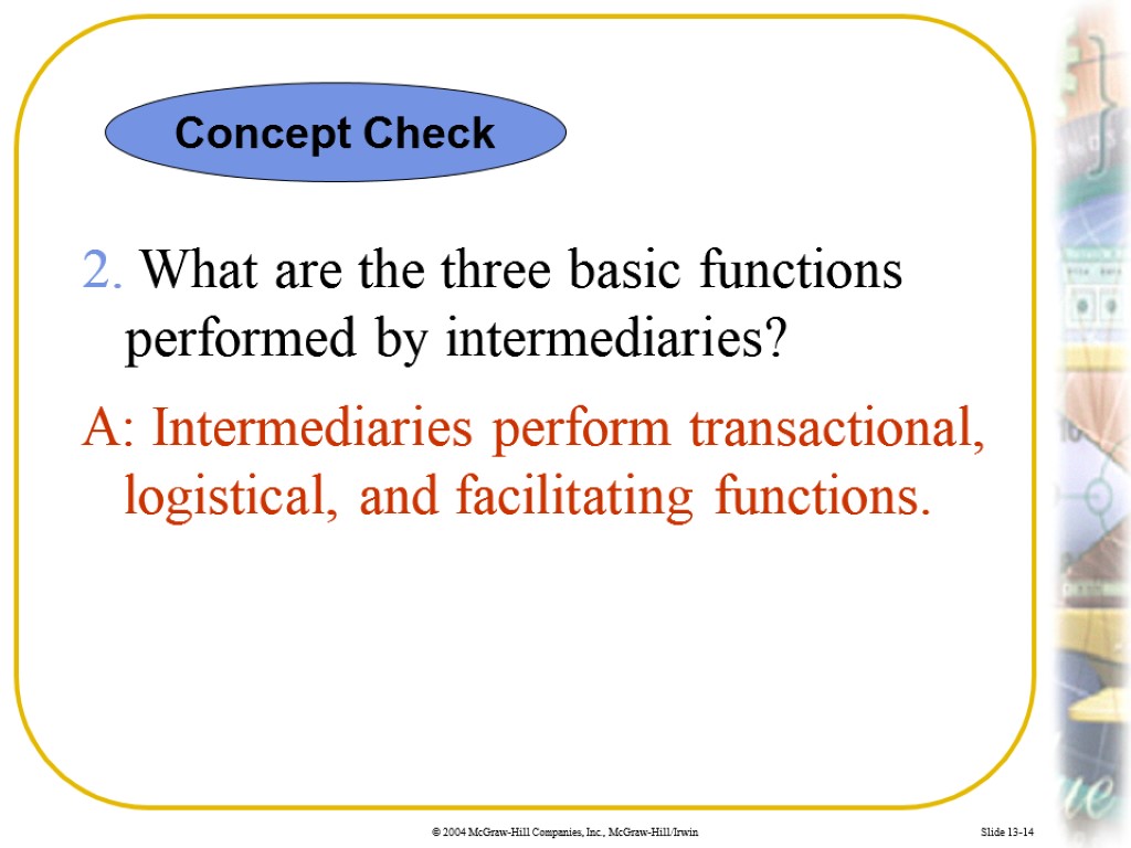 Slide 13-14 2. What are the three basic functions performed by intermediaries? A: Intermediaries